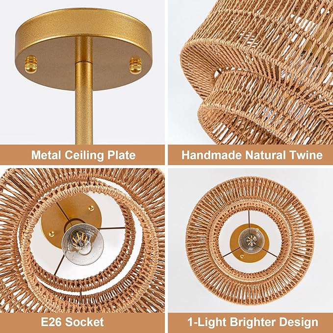 1-Light Rattan Ceiling Light Fixture, 12.4" Semi Flush Mount Boho Ceiling Light, Wicker Light Fixture with 3-Tier Hand-Woven Drum Shade, Farmhouse Rattan Chandelier for Dining Room Living Room Bedroom