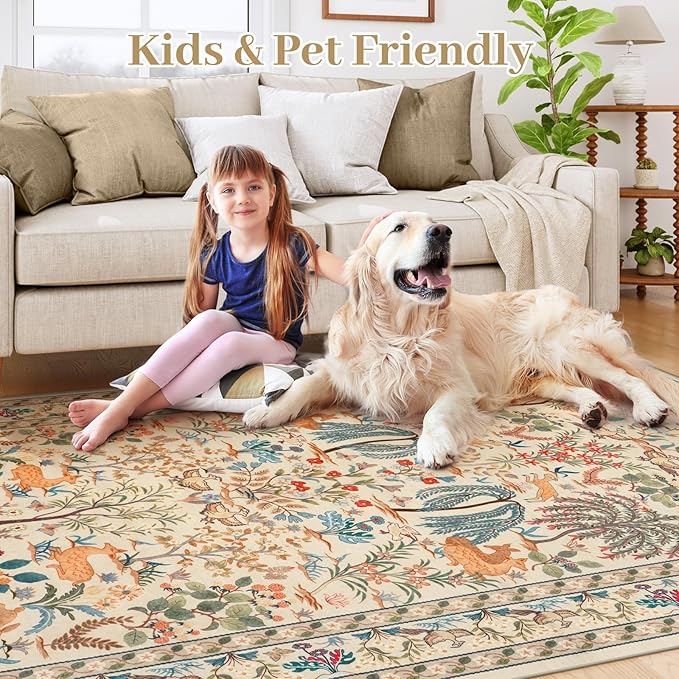 OJIA 8x10 Area Rugs for Living Room Bedroom Large Washable Rugs, Thin Boho Beige Nursery Rug Non-Shedding Kids Playroom Rug Floral Stain Resistant Large Carpet Accent Rugs for Dining Farmhouse