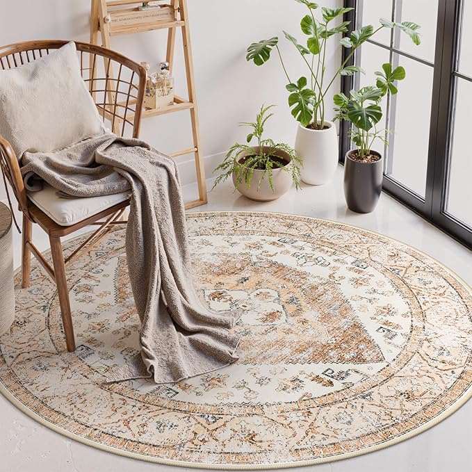 Lahome Boho Round Area Rug - 5Ft Machine Washable Round Bedroom Rugs Non-Slip Throw Large Round Rugs for Living Room, Oriental Distressed Print Circle Rugs for Office Dining Room Kitchen Classroom