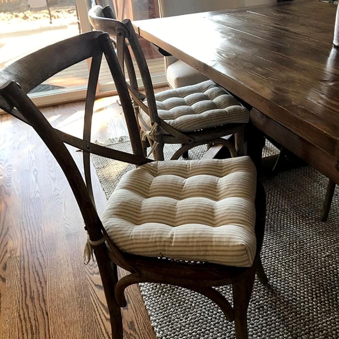 Barnett Home Decor Chair Cushions for Dining Chairs - 15x17 Kitchen Chair Cushions - Machine Washable, 100% Cotton, Made in USA - Latex Foam Comfort Chair Pads - Ticking Stripe Natural Small Pack of 4