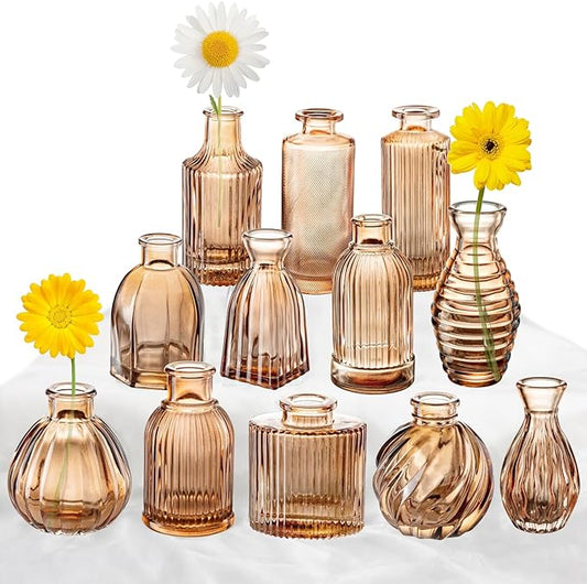 Bud Vases Set of 12, Amber Vase Small Glass Vases for Flowers Modern Ribbed Amber Glass Bud Vase for Decor Flower Vase in Bulk Vintage Decor Boho Wedding Centerpieces Rustic Home Table Decoration