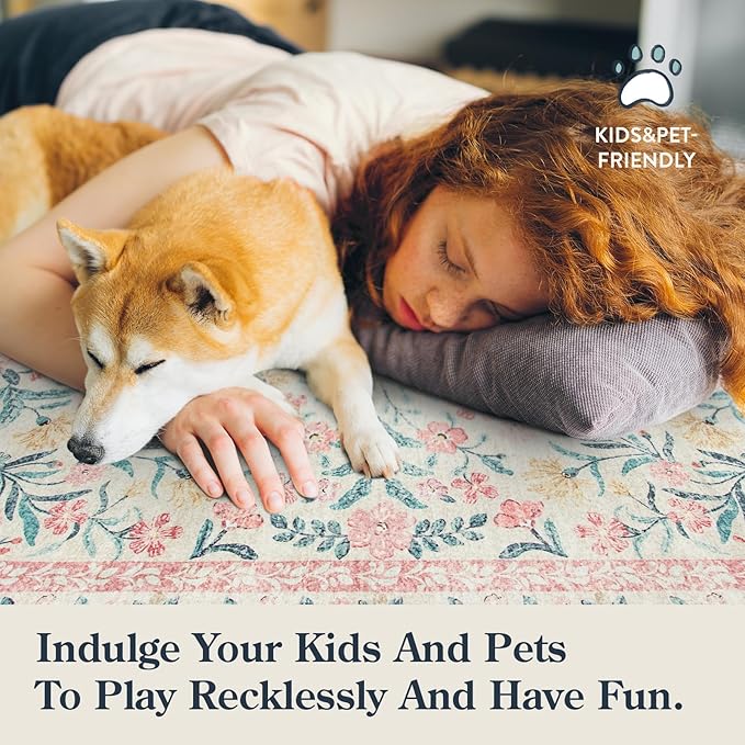 Lahome Boho Light Pink Round Rug 4ft, Washable Small Circle Rugs for Bedroom Kids, Pink and Green Nursery Circular Carpet Girl Decor, Soft Non-Slip Round Carpet for Sunroom, Blush