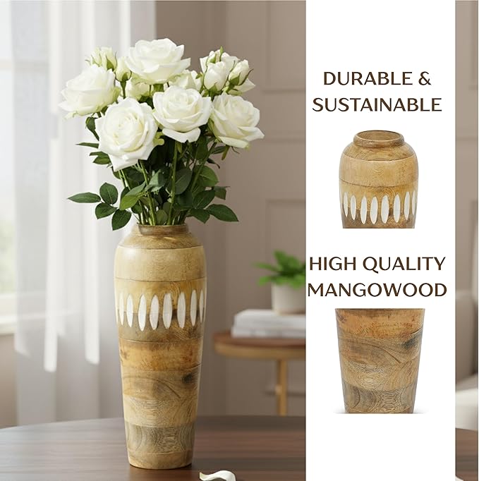 Mela Artisans 12” Mango Wood Vase | Wooden Decorative Flower Vase | Rustic Farmhouse | Natural White Wash | Centerpiece for Living Room | Dining Table | Home Decor