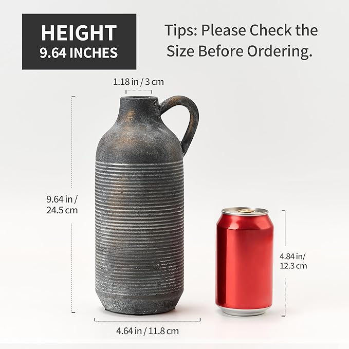 Ceramic Rustic Vase for Home Decor, Terracotta Vase with Handle, Handcrafted Vintage Decorative Flower Vase for Farmhouse, Living Room, Table, Fireplace, Nightstand - Black Bronze