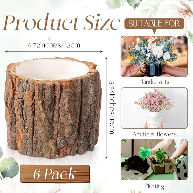 6 Pcs Wooden Vase for Centerpieces Christmas Table Decor Wooden Flower Vase Rustic Bark Stump Buckets Vintage Wood Planter Pots for Xmas Woodland Party Wedding Window Home Farmhouse