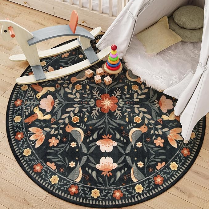 Moynesa Floral Bird Round Rug 6ft Washable Circle Rug Non Slip,Modern Transitional Black Area Rugs for Bedroom Reading Coner,Farmhouse Living Dining Room Aesthetic Carpet Folk Art Home Decor