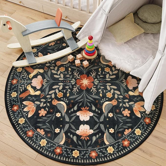 Moynesa Floral Bird Round Rug 6ft Washable Circle Rug Non Slip,Modern Transitional Black Area Rugs for Bedroom Reading Coner,Farmhouse Living Dining Room Aesthetic Carpet Folk Art Home Decor