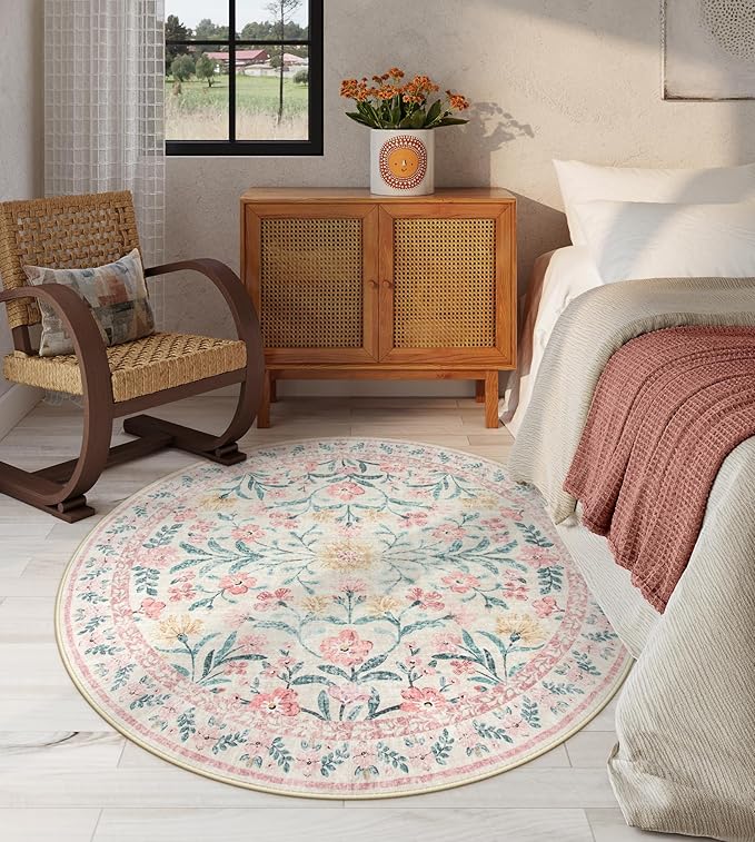 Lahome Boho Light Pink Round Rug 4ft, Washable Small Circle Rugs for Bedroom Kids, Pink and Green Nursery Circular Carpet Girl Decor, Soft Non-Slip Round Carpet for Sunroom, Blush