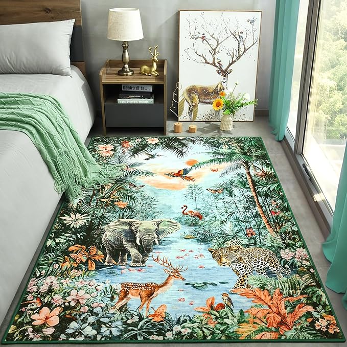 Amearea Jungle Print 6x9 Area Rug for Living Room, Washable Green Rugs for Bedroom, Forest Animal Rug Low Pile Kids Nursery Room Rug, Leopard Rugs Carpet for Boys Girls Playroom Dining Room Decor