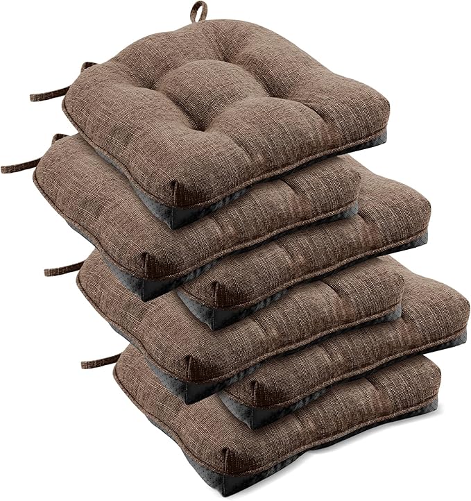 downluxe Indoor Chair Cushions for Dining Chairs, Tufted Overstuffed Textured Foam Kitchen Chair Pads with Ties and Non-Slip Backing, 15.5" x 15.5" x 4", Brown, 6 Pack