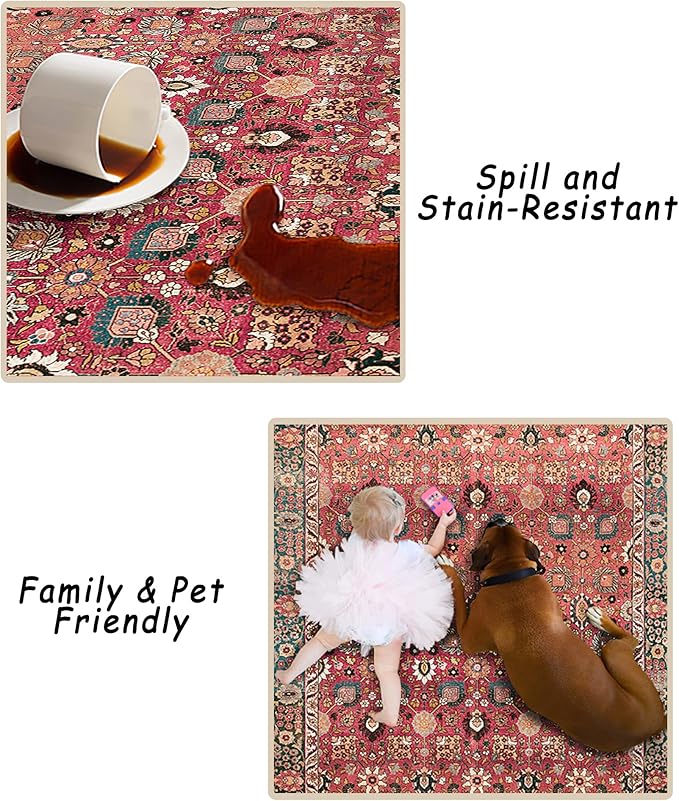 vivorug Round Rug 5ft Vintage Round Area Rug Non-Slip Indoor Carpet for Living Room Bedroom Entryway, Stain Resistant Home Decor Circle Rug, Cherry Red/Spice