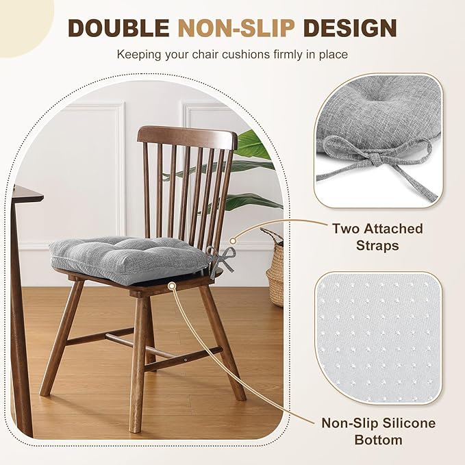 downluxe Indoor Chair Cushions for Dining Chairs, Tufted Overstuffed Textured Memory Foam Kitchen Chair Pads with Ties and Non-Slip Backing, 15.5" x 15.5" x 4", Light Grey, 4 Pack