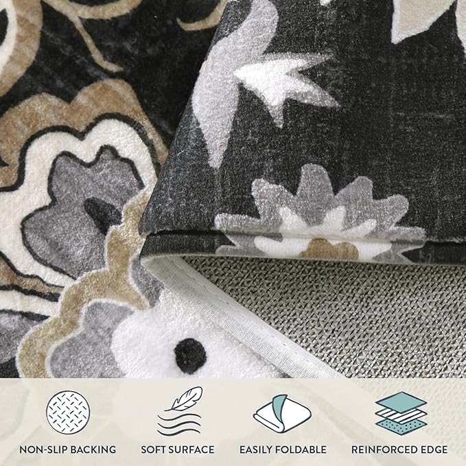 Lahome Floral Black Round Rugs - 3Ft Washable Round Area Rug Non-Slip Small Entryway Throw Soft Bedroom Circle Carpet Paisley Print Accent Distressed Circular Mat for Bathroom Sofa Living Room