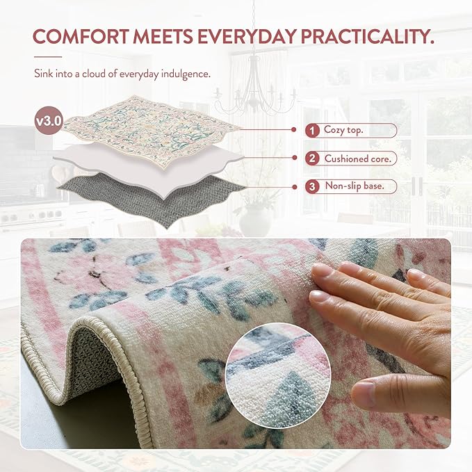 Lahome Pink Floral 6 ft Round Rug, Soft Cozy Circle Rug for Tween Girls Bedroom Decor, Machine Washable Nursery Carpet with Non-Slip Backing for Retreat or Reading Nook