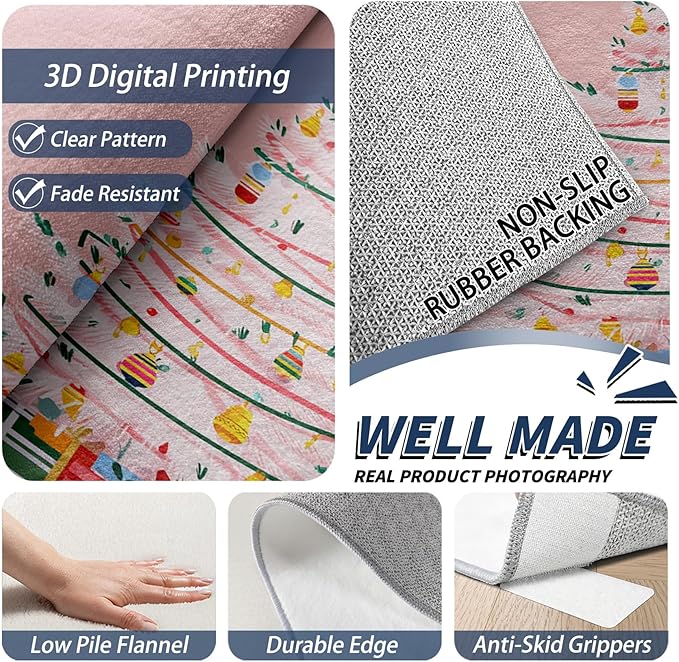 Christmas Tree Area Rug, 8x10 Rug for Bedroom, Girls Pink Christmas Holiday Washable Rugs for Living Room, Non Slip Soft Low Pile Stain Resistant Carpet, Kids Xmas Room Decor