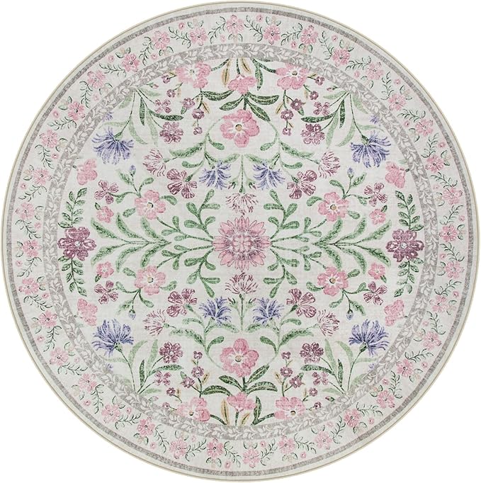 Lahome Purple 6 ft Circle Rug Washable, Floral Accent Round Rug for Girls Bedroom Decor, Non-Slip Accent Circular Carpet for Nursery Calm Corner Seating Area