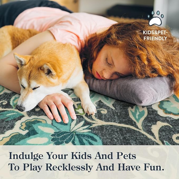 Lahome Floral 5ft Round Rug - Washable Large Boho Round Rug for Living Room Non-Slip Throw Circle Rug for Dining Room Table, Soft Blue Paisley Print Floor Carpet for Bedroom Office Kitchen Entryway