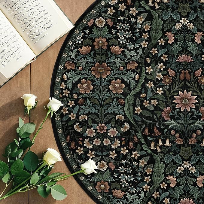 Round Rug 6ft Black Washable Floral Circle Rug,Vintage Boho Botanical Round Area Rugs, Non-Slip Soft Low-Pile Circular Carpet for Bedroom,Kids Room,College Dorm,Home Decor