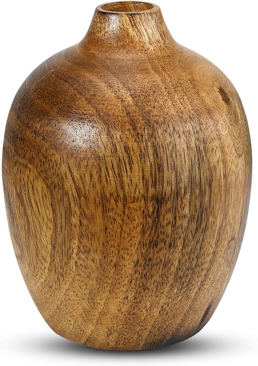 AeraVida Rustic Elegance Small Round Hand-Carved Wooden Flower Vase | Mango Tree Wood Kitchen Decor | Handmade Vase | Handmade Home Office Table Vase