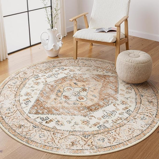 Lahome Boho Round Rug - 3Ft Washable Area Rug, Non-Slip Small Bathroom Rug, Lightweight Bedroom Throw, Oriental Distressed Print Carpet for Entryway, Sofa, Nursery, Kids Room
