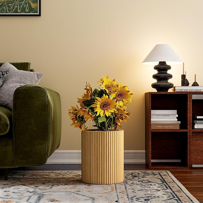 SHYFOY Fluted Wooden Round Indoor Outdoor Planters, Cylinder Decorative Floor Vase Flower Plant Pots for Living Room Dining Bedroom Home Corner