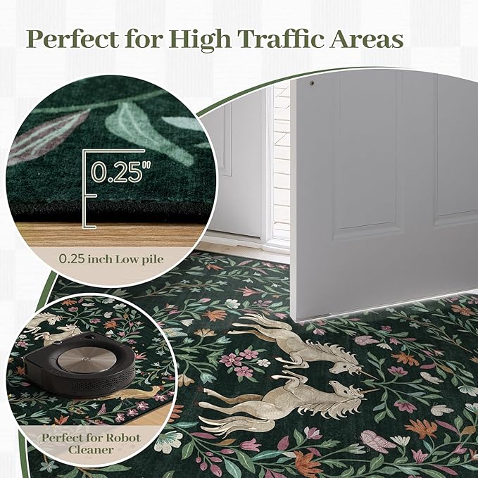 STARUIA 8x10 Area Rugs for Living Room, Unicorn Floral Non-Slip Washable Rugs, Farmhouse Moroccan Vintage Animal Large Girls Area Rug for Bedroom, Carpet for Dining Room Nurseries(Forest Green8'x10')