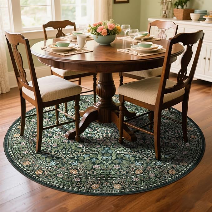 Green Round Rug 4ft - Soft Washable Boho Floral Round Bathroom Rug Non Slip Stain Resistant Vintage Botanical Circle Area Rugs for Living Room Bedroom Entryway Dining Room Office Nursery