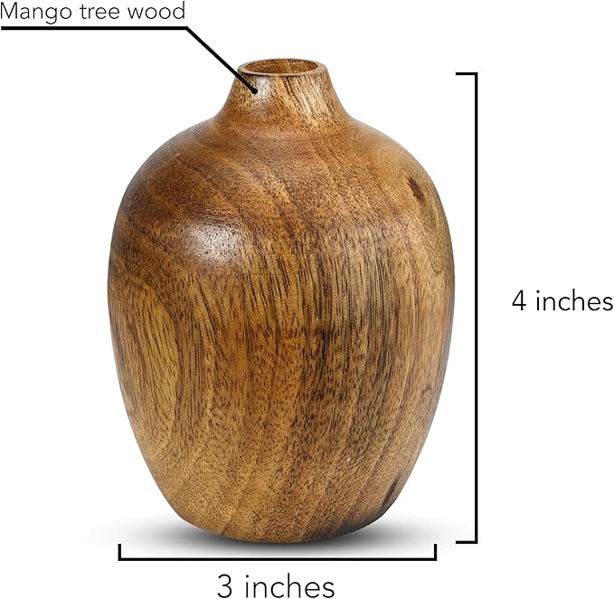 AeraVida Rustic Elegance Small Round Hand-Carved Wooden Flower Vase | Mango Tree Wood Kitchen Decor | Handmade Vase | Handmade Home Office Table Vase
