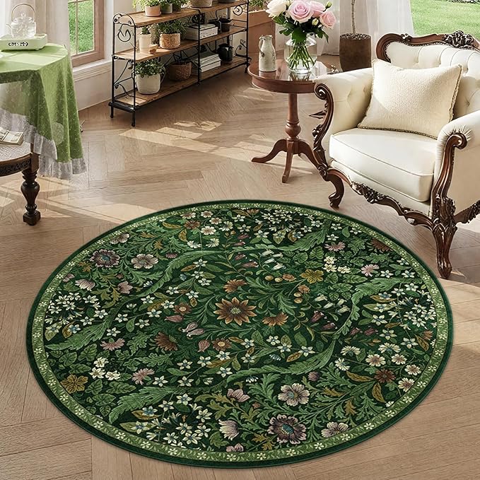 Round Rug 4ft Dark Green Washable Floral Circle Rug,Vintage Boho Botanical Round Area Rugs, Non-Slip Soft Low-Pile Circular Carpet for Bedroom,Kids Room,College Dorm,Home Decor