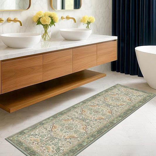 Sage Floral Kitchen Runners - 2x7 Long Runner Rug for Hallway Bathroom Bedroom Beside Bed Entryway, Boho Birds Leaves Patterned Non Slip Low Pile Washable Rugs