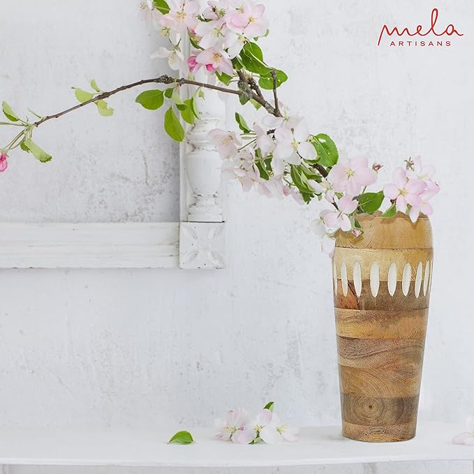 Mela Artisans 12” Mango Wood Vase | Wooden Decorative Flower Vase | Rustic Farmhouse | Natural White Wash | Centerpiece for Living Room | Dining Table | Home Decor