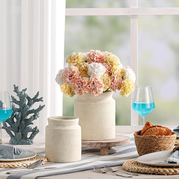 Ceramic Flower Vase 7.5 inch Farmhouse Rustic Vase for Home Decor Handcrafted Pottery Terracotta Vases for Dining Table Decor Fireplace Living Room Bathroom Wedding Centerpiece (01-White)