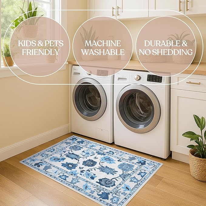 Fame Living Navy Blue Oushak Rug, Modern, Vintage, Turkish, Eclectic, Floral, Pastel, Washable, Large Area Rugs for Living Room, Dining, Bedroom, Girls, Boys, 7'5"x9'8"