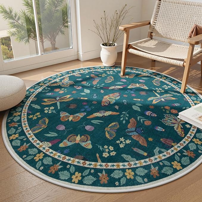 Lahome Insect Washable Round Area Rug, Soft Round Rugs 6ft Ultra-Thin Non-Slip, Boho Large Circle Carpet for Bedroom Living Room Kitchen Nursery, Dark Green