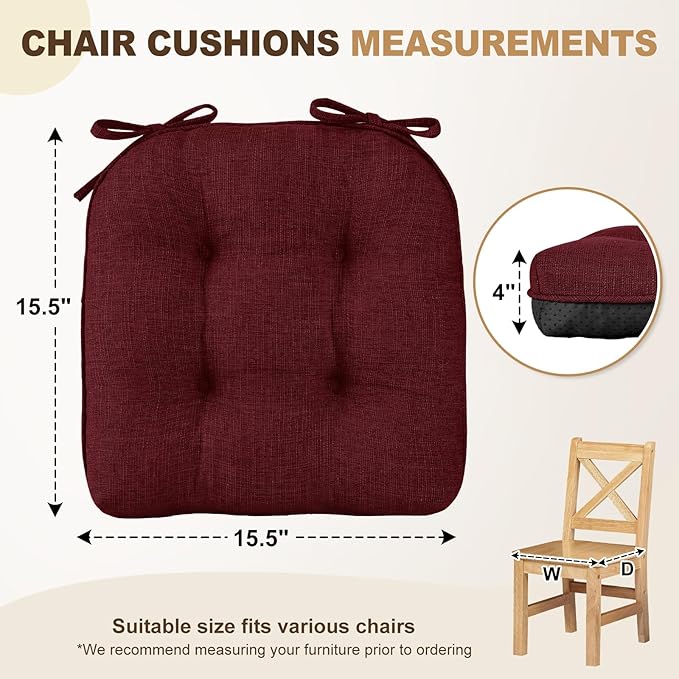 downluxe Indoor Chair Cushions for Dining Chairs, Tufted Overstuffed Textured Foam Kitchen Chair Pads with Ties and Non-Slip Backing, 15.5" x 15.5" x 4", Burgundy, 4 Pack