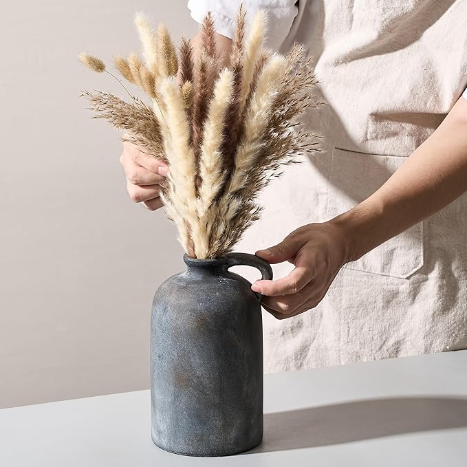 Ceramic Rustic Vase for Home Decor, Terracotta Vase with Handle, Handcrafted Vintage Decorative Flower Vase for Farmhouse, Living Room, Table, Fireplace, Nightstand - Black Bronze