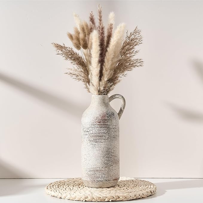 Ceramic Rustic Vase for Home Decor, Terracotta Vase with Handle, Handcrafted Vintage Decorative Flower Vase for Farmhouse, Living Room, Table, Fireplace, Nightstand - Natural Brown