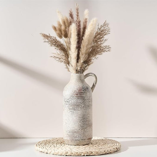 Ceramic Rustic Vase for Home Decor, Terracotta Vase with Handle, Handcrafted Vintage Decorative Flower Vase for Farmhouse, Living Room, Table, Fireplace, Nightstand - Natural Brown
