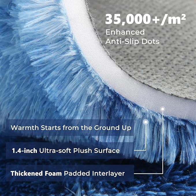 OPPODREAM Round Rugs 3ft for Play Room, Ultra Soft Circle Rug for Bedroom, 3 ft Fluffy Kids Carpet with 0.4" Thick Non-Slip Backing, Long Pile Shag Carpet, Fuzzy, Shaggy, Tie-dye Blue & Light Blue