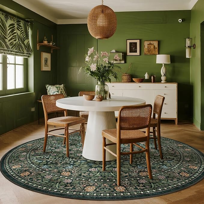 Green Round Rugs 8ft - Soft Washable Boho Floral Bedroom Circle Rug 8x8 Stain Resistant Botanical Dining Room Rugs for Under Round Table Vintage Area Rug for Living Room Home Office