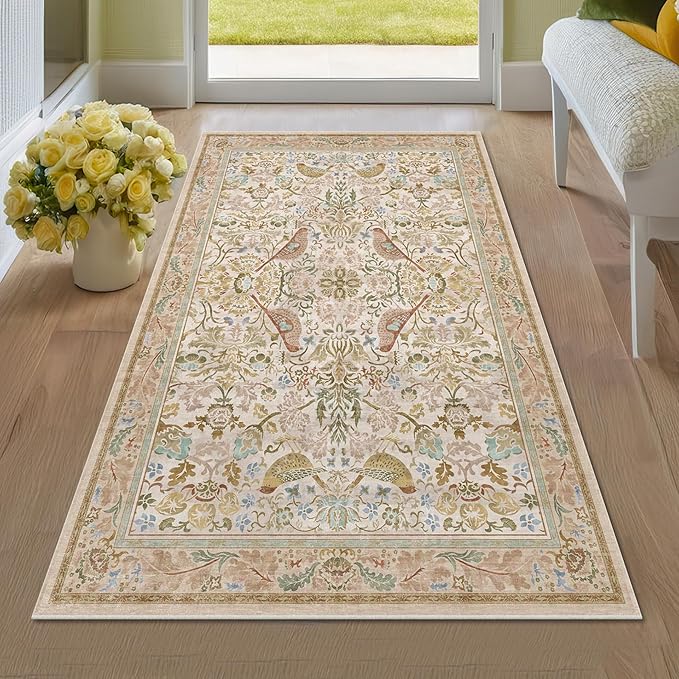 Large Entryway Rugs Indoor - Beige 3x5 Washable Rugs for Kitchen Bedroom Beside Bed Door Mat Indoor Entrance with Light Beige Woodland Flowers, Non Slip Stain Resistant Low Pile