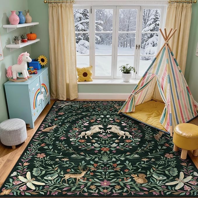 STARUIA 8x10 Area Rugs for Living Room, Unicorn Floral Non-Slip Washable Rugs, Farmhouse Moroccan Vintage Animal Large Girls Area Rug for Bedroom, Carpet for Dining Room Nurseries(Forest Green8'x10')
