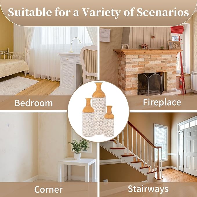 Sziqiqi Rustic White Floor Vases Set of 3-27/20/16in Metal Extra Large Vase for Dried Flowers Shabby Chic Oversized High Vases Standing Antique Terracotta Farmhouse Vase for Pampas Grass Twigs Wicker