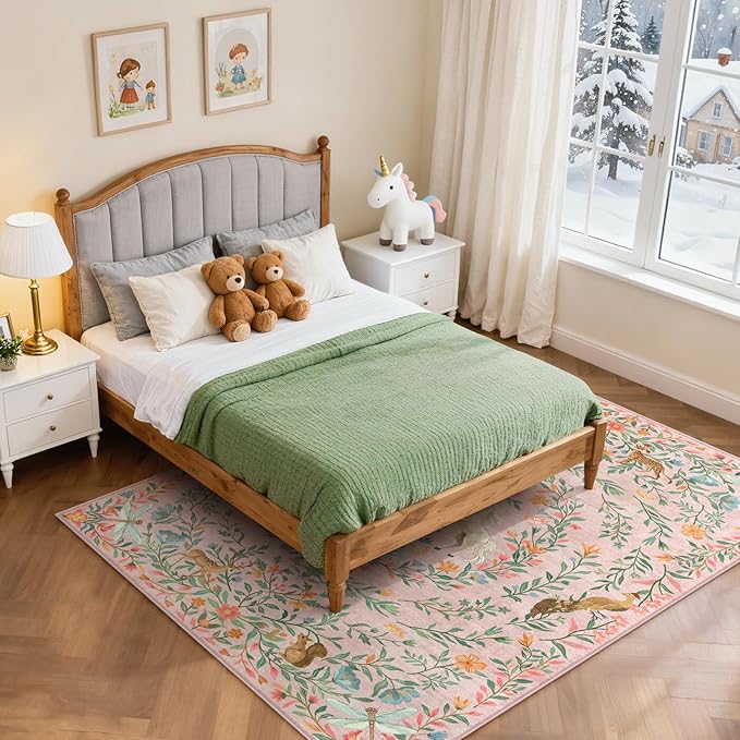 STARUIA 8x10 Area Rugs for Living Room, Unicorn Floral Non-Slip Washable Rugs, Farmhouse Moroccan Vintage Animal Pattern Large Girls Area Rug for Bedroom, Carpet for Dining Room Nurseries(Pink,8'x10')