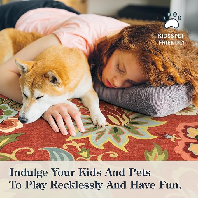 Lahome Red Floral Round Rug - 4 ft Christmas Washable Round Area Rugs Small Non Slip Entryway Mat, Throw Circle Vintage Distressed Door Mat Soft Floor Carpet for Bedroom Living Room Bathroom Kitchen