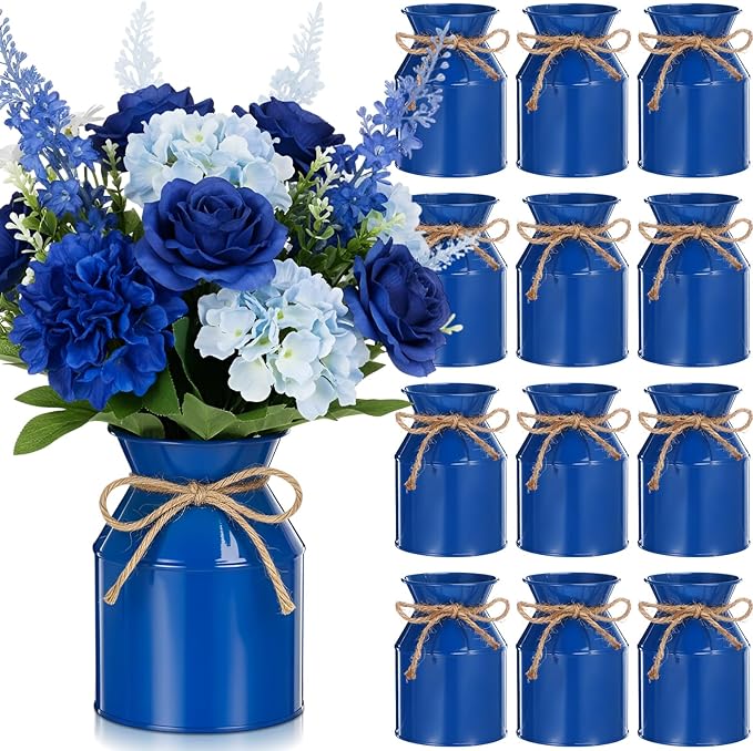 Domensi 5.12 Inch Farmhouse Metal Flower Vase Decor Rustic Galvanized Milk Can Jug Vase with Bow Flower Buckets for Table Centerpiece Fall Halloween Wedding Home Dinging Room Decor(Dark Blue,12 Pcs)