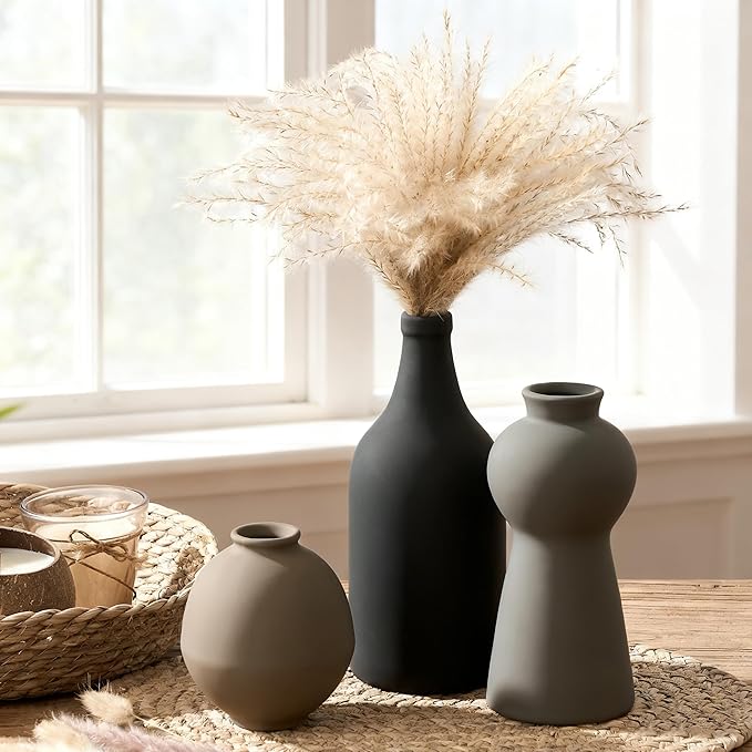 Ceramic Vase Set of 3, Nordic Minimalist Multicolor Vases Home Decor, Rustic Farmhouse Decor Pottery Vases for Bouquet Pampas Grass Dried Fresh Flowers, Living Room, Kitchen, Bedroom, Entryway Mantel