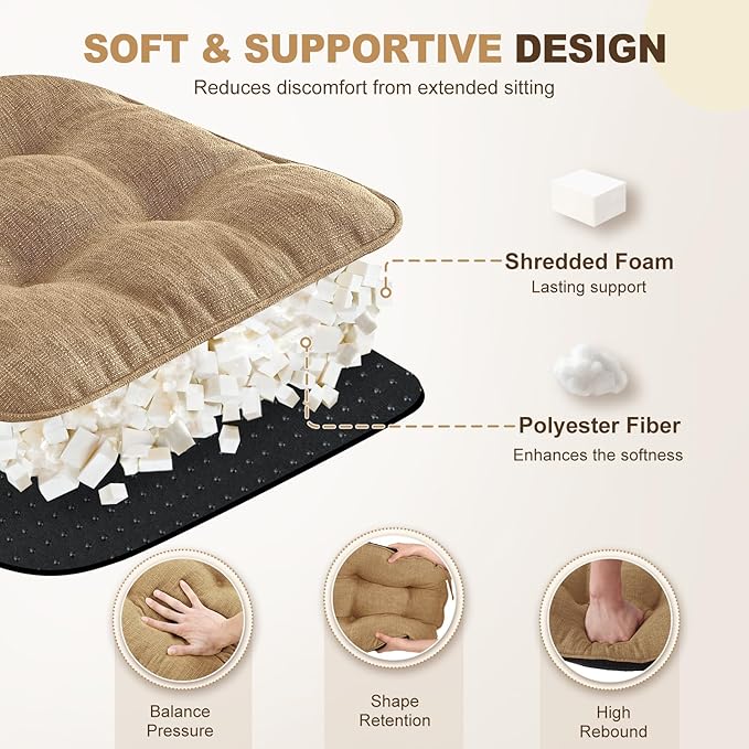 downluxe Indoor Chair Cushions for Dining Chairs, Tufted Overstuffed Textured Foam Kitchen Chair Pads with Ties and Non-Slip Backing, 15.5" x 15.5" x 4", Taupe, 4 Pack