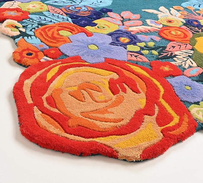 Handmade Irregular Floral Wool Area Rug Vibrant Multicoloured Garden Flower Design Soft Plush Durable Thick Carpet for Living Room Bedroom (Teal, 5 x 8 feet, Feet)