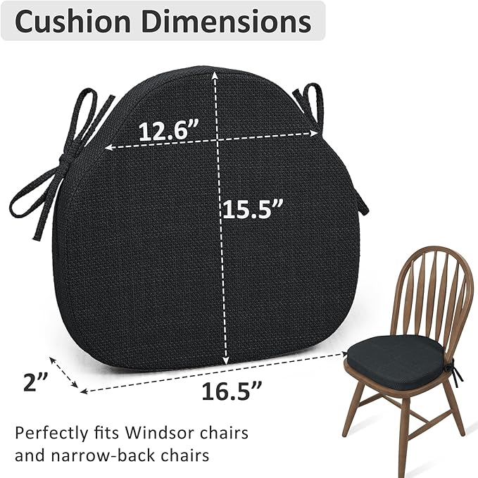 Shinnwa Kitchen Chair Cushions Set of 4, High-Resilience Foam Windsor Seat Pads, Dining Chair Cushions with Ties & Textured Cover, 4 Pack, 16.5 x 15.5 x 2, Charcoal